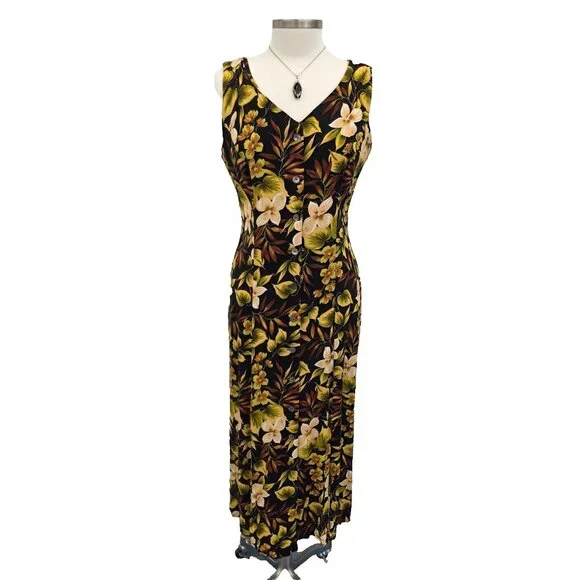 Vtg Scarlett Sleeveless Maxi Dress Womens 14 Black Yellow Hawaiian Floral Y2K - Picture 1 of 13